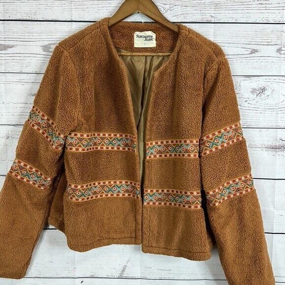 Savanna Jane Jacket Womens Large Brown Embroidered Fuzzy Sherpa Southwestern - Picture 2 of 12